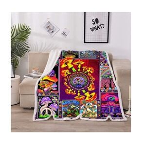 Trippy Mushroom Mandala Fleece Throw Blanket Psychedelic Boho Cozy
